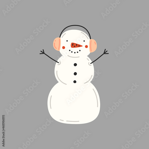 Snowman in pink cold-weather earmuffs. Vector illustration