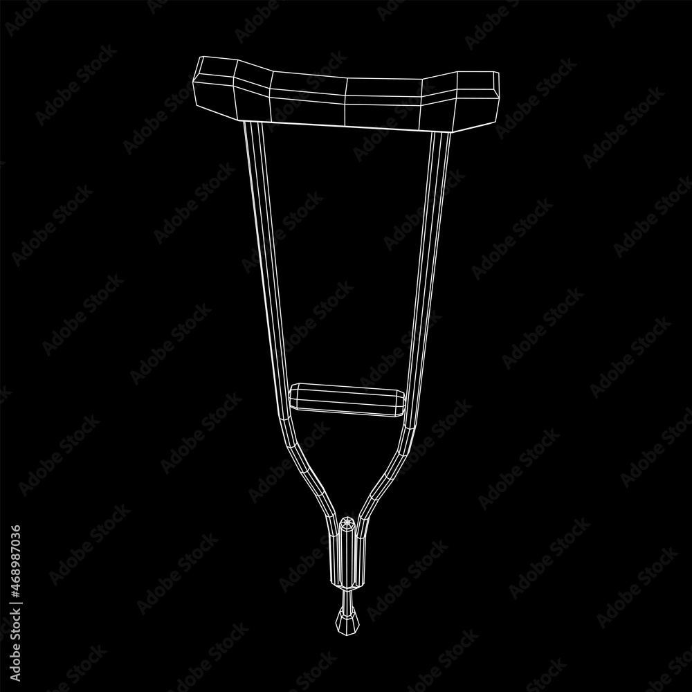 Crutch medical walking stick for rehabilitation of broken leg. Treatment of people with leg injuries. Wireframe low poly mesh vector illustration.