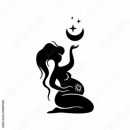 Mystical illustration with pregnant woman. Moon celestial goddess. Magical pregnancy. 