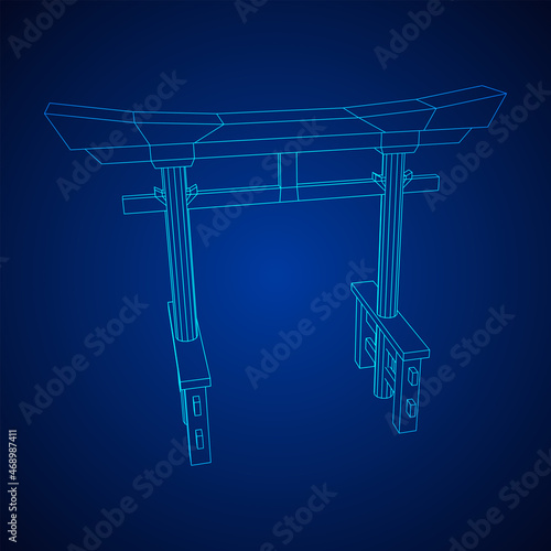 Torii sacred traditional gate. Symbol of Japan,shintoism religion. Japanese Tori arch ancient entrance. Wireframe low poly mesh vector illustration