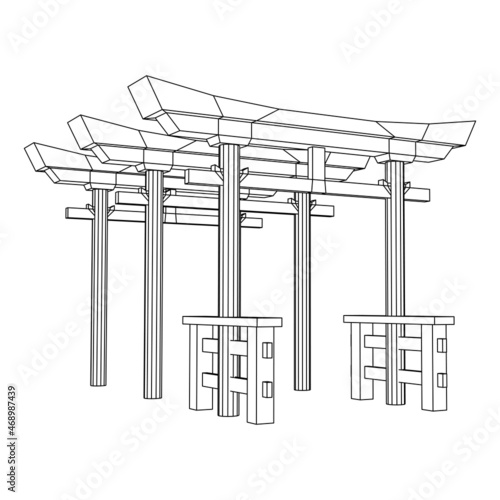 Torii sacred traditional gate. Symbol of Japan,shintoism religion. Japanese Tori arch ancient entrance. Wireframe low poly mesh vector illustration