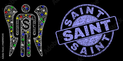 Glossy polygonal mesh net angel investor icon with glitter effect on a black background, and Saint textured seal imitation. Illuminated vector model created from angel investor icon,