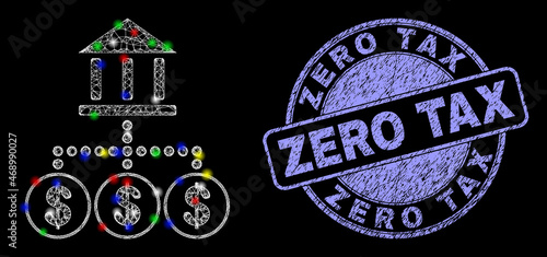 Glossy polygonal mesh web bank hierarchy icon with glow effect on a black background with Zero Tax dirty seal. Illuminated vector mesh created from bank hierarchy icon,