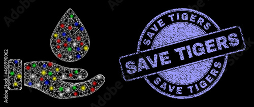 Glossy polygonal mesh net blood donation hand icon with glow effect on a black background with Save Tigers textured seal print. Illuminated vector mesh created from blood donation hand icon,