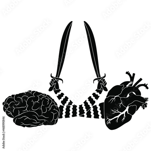 Human heart and brain fighting with swords. Creative concept. Conflict of reason and emotions. Black and white silhouette.