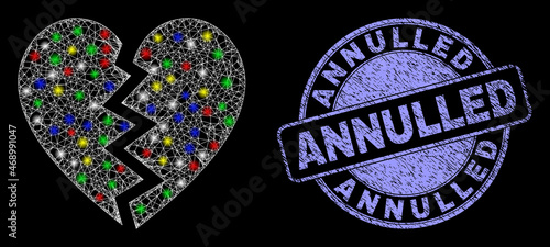 Glossy polygonal mesh net broken heart icon with glow effect on a black background, and Annulled grunge seal. Illuminated vector mesh created from broken heart symbol,