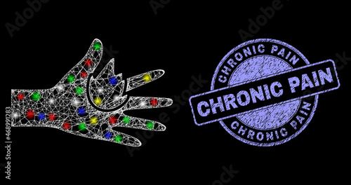 Glossy polygonal mesh net burn hand icon with glitter effect on a black background, and Chronic Pain dirty seal imitation. Illuminated vector model created from burn hand icon,
