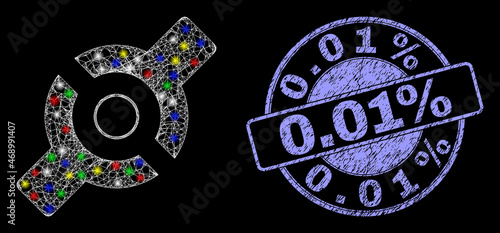 Glossy polygonal mesh net artificial joint icon with glow effect on a black background, and 0.01% corroded seal print. Illuminated vector mesh created from artificial joint icon,