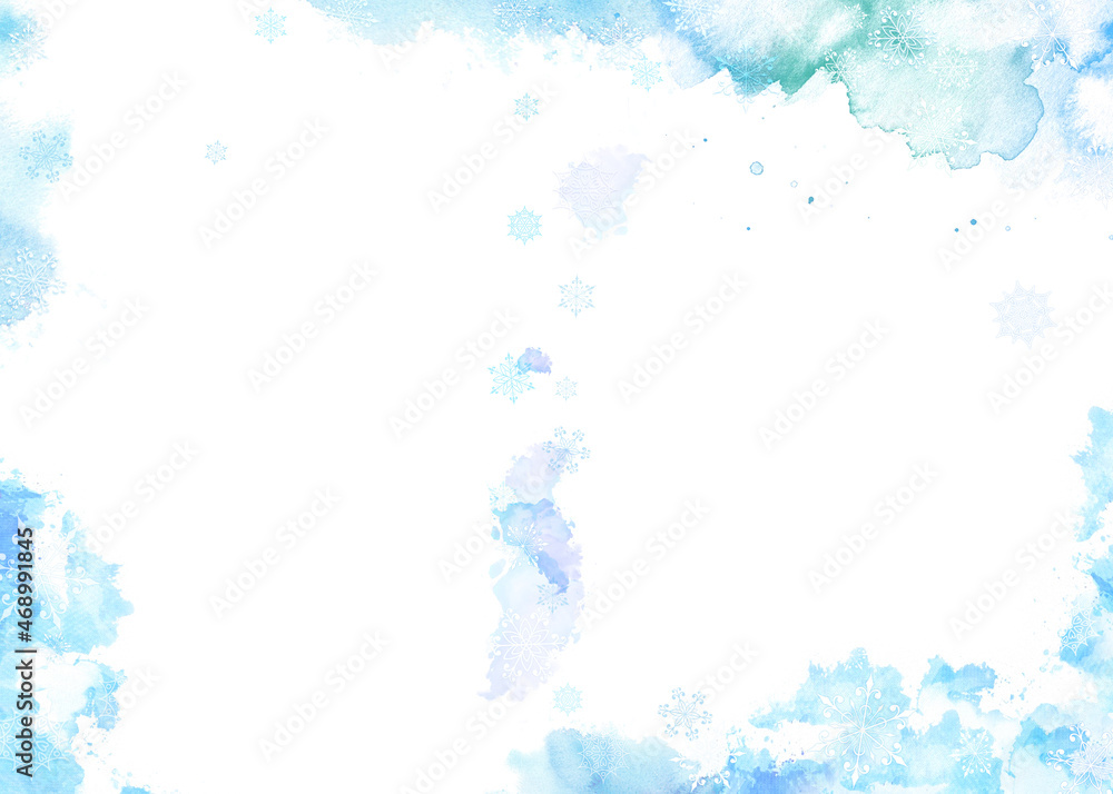 Winter background with watercolor stains and snowflakes. Blue on white. Template, A3.