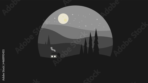 Gloomy night landscape with a lonely village house