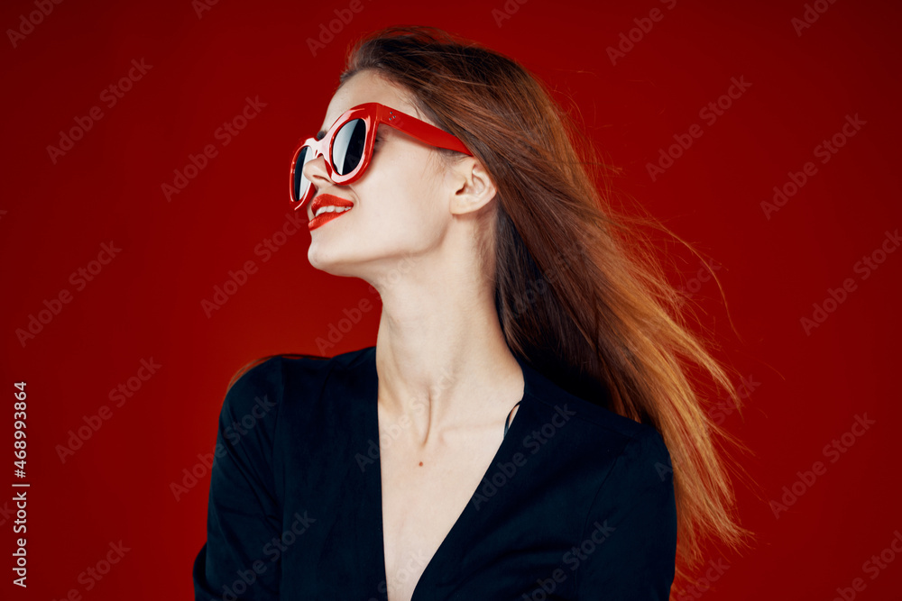 glamorous woman wearing sunglasses red lips posing close-up glamorous woman wearing sunglasses red lips posing close-up