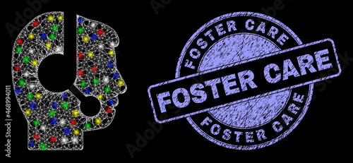 Glossy polygonal mesh net call center operator icon with glare effect on a black background, and Foster Care unclean seal. Illuminated vector mesh created from call center operator icon,