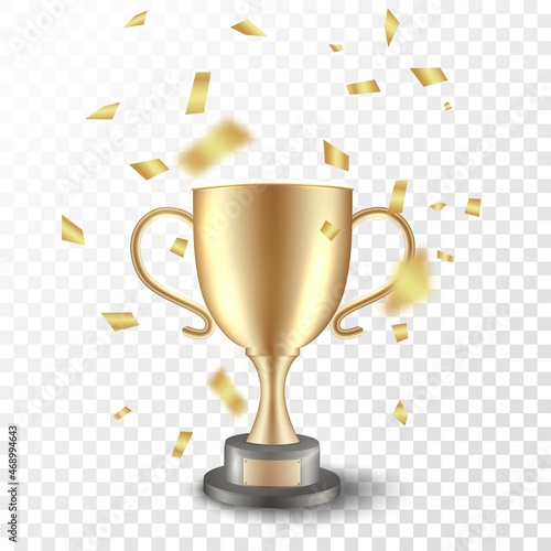 Winner trophy cup. Gold champion prize and confetti. Vector realistic championship golden cup