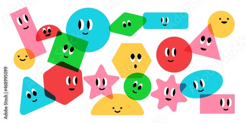 Cute geometric characters. Cartoon colorful faces. Vector funny abstract figures