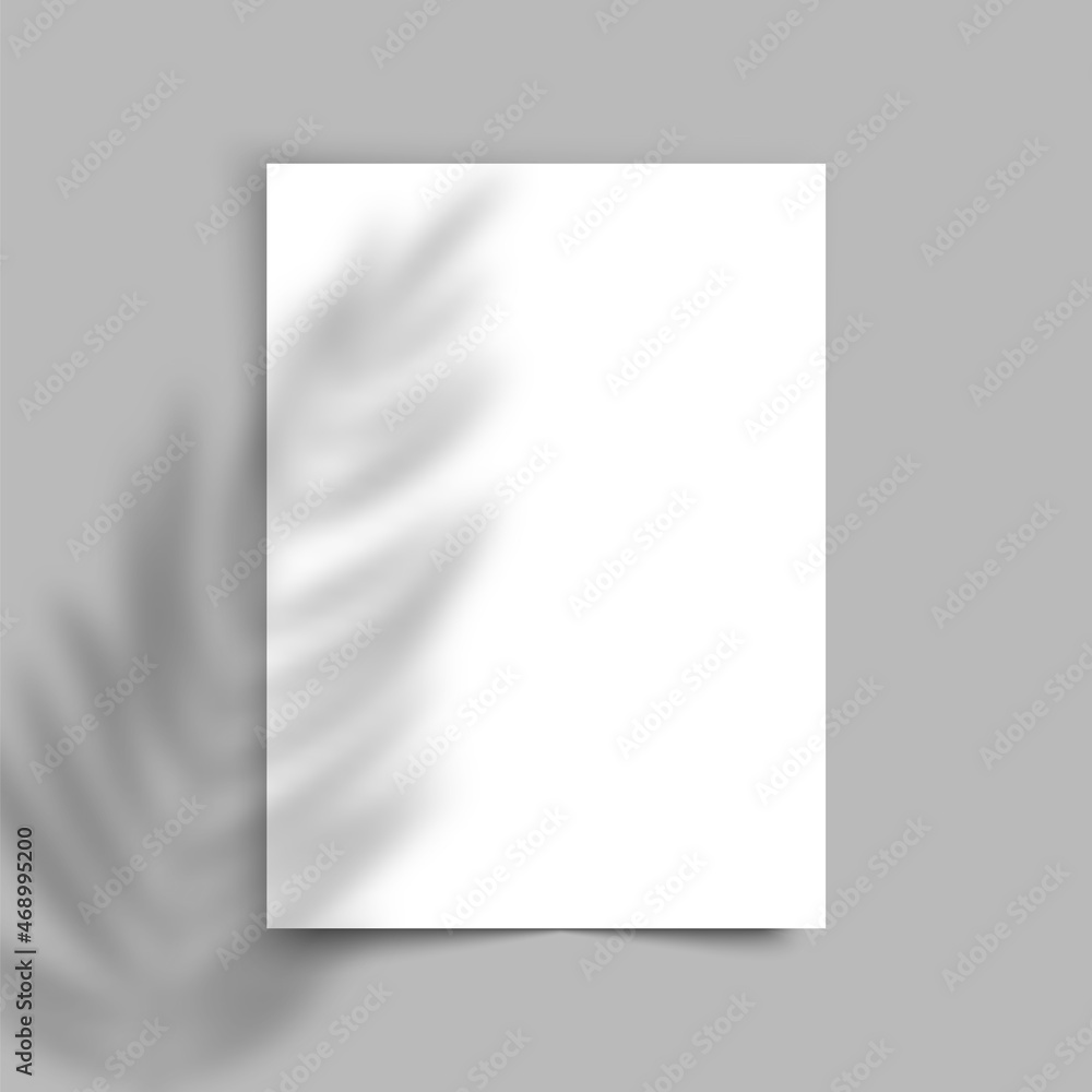 Shadow overlay effect. Poster palm tree mockup. Vector realistic white sheet of floral shadow Shadow overlay effect. Poster palm tree mockup. Vector realistic white sheet of floral shadow