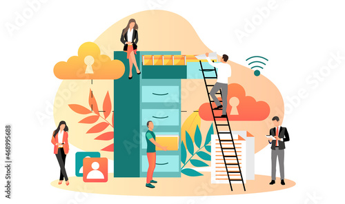 Cloud storage design concept. Internet data exchange technology. Digital information protection service. Different device secure data transmission. Abstract wireless database. Vector illustration