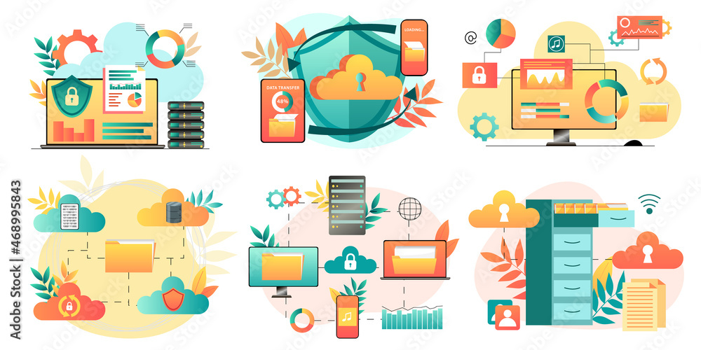 Cloud storage design concept. Internet data exchange technology. Digital information protection service. Different device secure data transmission. Abstract wireless database. Vector illustration Cloud storage design concept. Internet data exchange technology. Digital information protection service. Different device secure data transmission. Abstract wireless database. Vector illustration