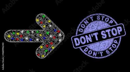 Glossy polygonal mesh web arrow right icon with glitter effect on a black background, and Don'T Stop dirty seal print. Illuminated vector constellation created from arrow right icon,