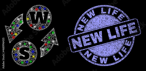 Glossy polygonal mesh net alphabet characters exchange icon with glitter effect on a black background, and New Life unclean seal.