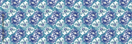 Aegean teal floral border strip linen texture background. Summer coastal living style home decor fabric effect. Sea green washy flower edge material. Decorative textile seamless pattern banner trim. 