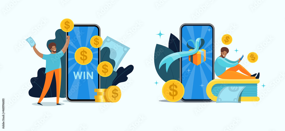 Online Reward on your phone. Happy African man rejoices in winning an online win. Big smartphone with money and dollars. Vector stock flat illustration isolated on white background. Win the money.