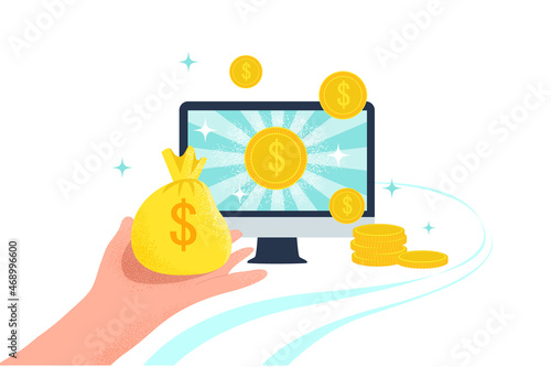 Win money online. Monitor with dollars and a bag of money in the hand. The winner won on the Internet. Vector stock flat style illustration isolated on blue background. Online rewards on the site.
