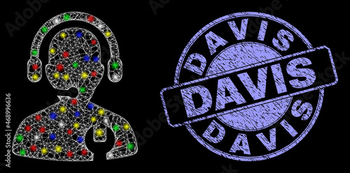 Glossy polygonal mesh web call center serviceman icon with glitter effect on a black background with Davis scratched seal imitation. Illuminated vector mesh created from call center serviceman icon,