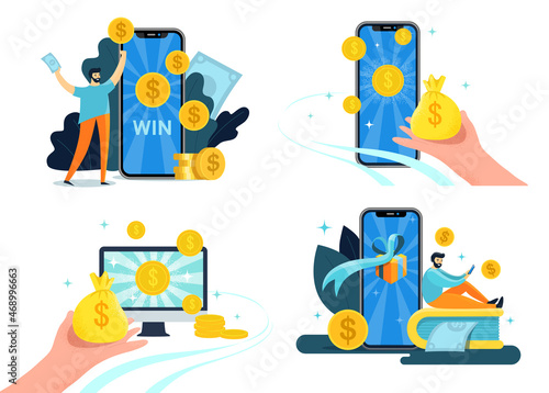 Online Reward concept with big phone, monitor, wallet and person. Online money winnings in the application or on the site. Vector stock flat style illustration set isolated on a white background.