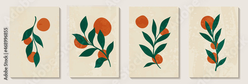 Creative minimalist hand painted Abstract art background with orange stain and Hand Drawn doodle Scribble floral plants. Design for wall decoration, postcard, poster or brochure
