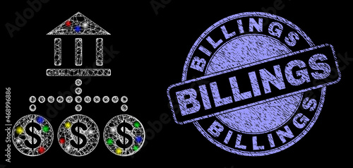 Glossy polygonal mesh net bank hierarchy icon with glitter effect on a black background, and Billings dirty stamp seal. Illuminated vector mesh created from bank hierarchy icon,