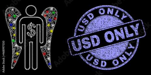 Glossy polygonal mesh web angel investor icon with glow effect on a black background with USD Only unclean stamp seal. Illuminated vector structure created from angel investor icon,