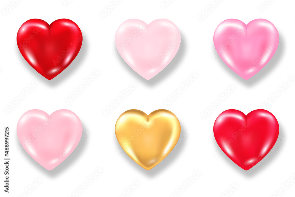 Collection of shiny 3d hearts with shadow isolated on white background. Valentines day glossy balloon red, pink and golden hearts. Realistic vector illustration of love symbol