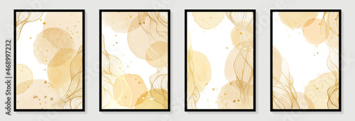 Abstract yellow nude watercolor circle stains with golden lines, dots and watercolor stain brush stroke. for wall decoration, beauty and make up industry design, poster, brochure cover