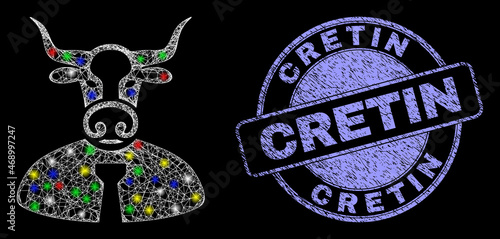 Glossy polygonal mesh net bull chief icon with glare effect on a black background with Cretin rubber seal print. Illuminated vector mesh created from bull chief symbol,