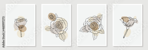 Set of creative minimalist hand draw illustrations rose floral outline pastel biege simple shape and brush stroke for wall decoration, postcard or brochure cover design