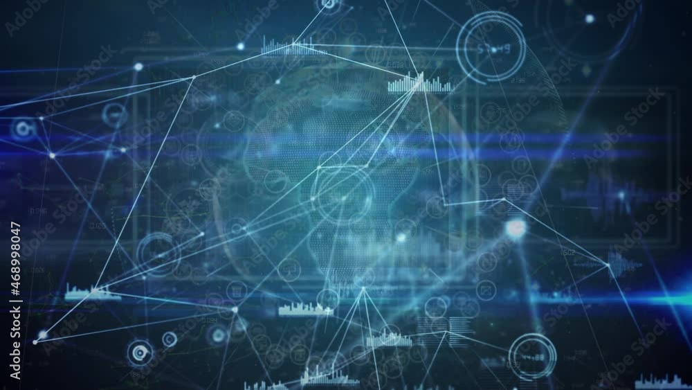 Animation of globe with network of connections and statistics processing Animation of globe with network of connections and statistics processing