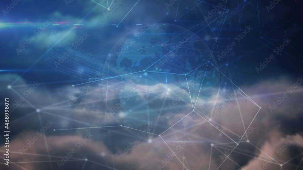 Animation of globe with network of connections over clouds Animation of globe with network of connections over clouds