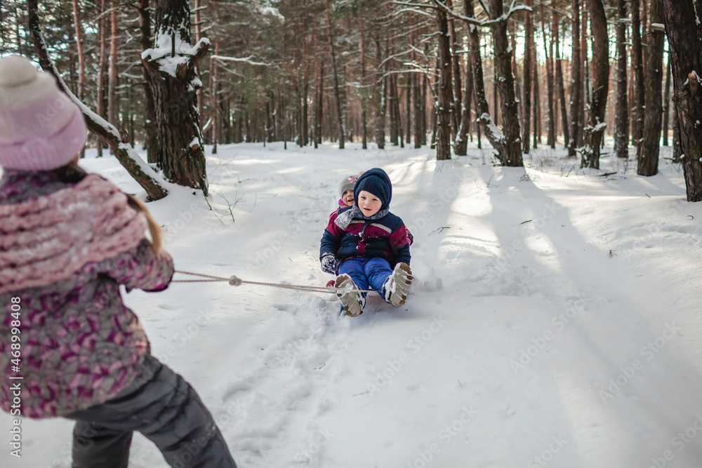 Happy friends have fun in wonderland, little girl pulls a sledge with sister and brother across snow-covered winter forest, outdoor family weekend at snowing day