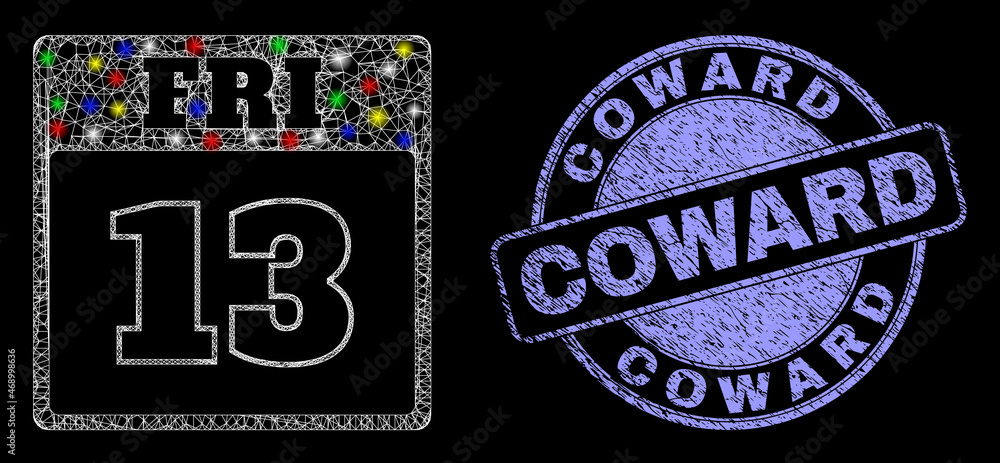Glossy polygonal mesh web 13th Friday calendar page icon with glare effect on a black background, and Coward dirty stamp seal. Illuminated vector mesh created from 13th Friday calendar page pictogram,