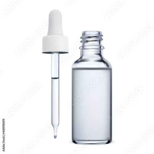 Serum bottle. Collagen essence dropper bottle design. Face therapy treatment with glass pipette, q10 enzyme solution on white background. Blue glass droplet bottle, essential oil brand photo
