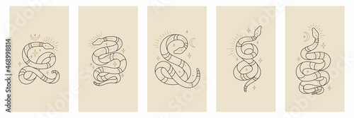 Vector outline snakes set of mystical magic objects- moon and stars. Celestial magic line serpents in trendy style. Spiritual occultism symbols, esoteric objects.