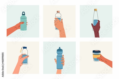Set of reusable containers for liquids in hands. Various poses of hands holding a bottle, tumbler, sports water bottle in square. Use your own bottle. Outline color trendy vector illustration. © Valentina