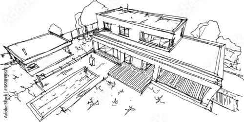 hand drawn architectural sketches of modern one story detached house with flat roof and people around