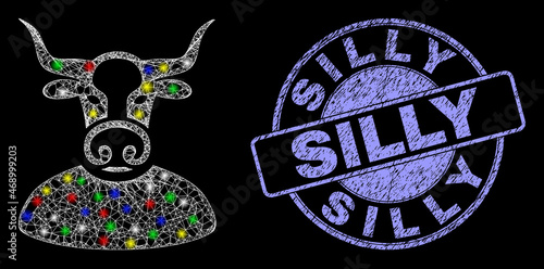 Glossy polygonal mesh web bull chief icon with glare effect on a black background, and Silly unclean seal. Illuminated vector mesh created from bull chief icon, with white mesh and bright lightspots.