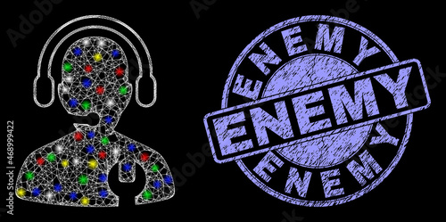 Glossy polygonal mesh web call center serviceman icon with glitter effect on a black background with Enemy scratched stamp seal. Illuminated vector model created from call center serviceman icon,