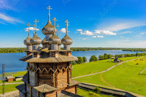 View of Kizhi Island from the bell tower. In the foreground Orthodox Church of the Intercession of the Virgin in Kizhi Pogost. Kizhi island, Onega lake, Karelia, Russia.