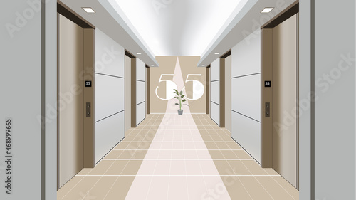 Vector cartoon illustration of empty hallway with elevators - closed doors. Modern interior of skyscraper, building. Tile floor in vestibule.
