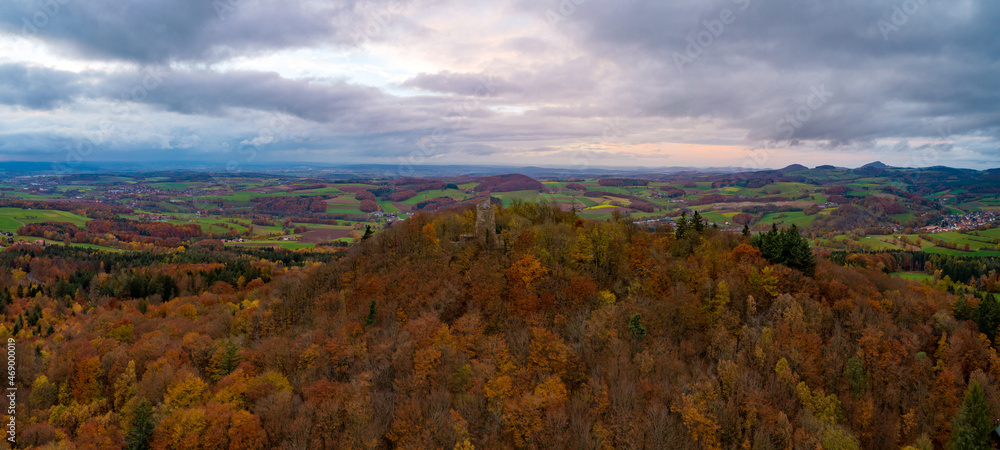 Luftaufnahme, Ebersburg, Ebersberg, Panorama, Drohnenaufnahmen, Hessen, Bayern, Thüringen, Rhön, Deutschland 