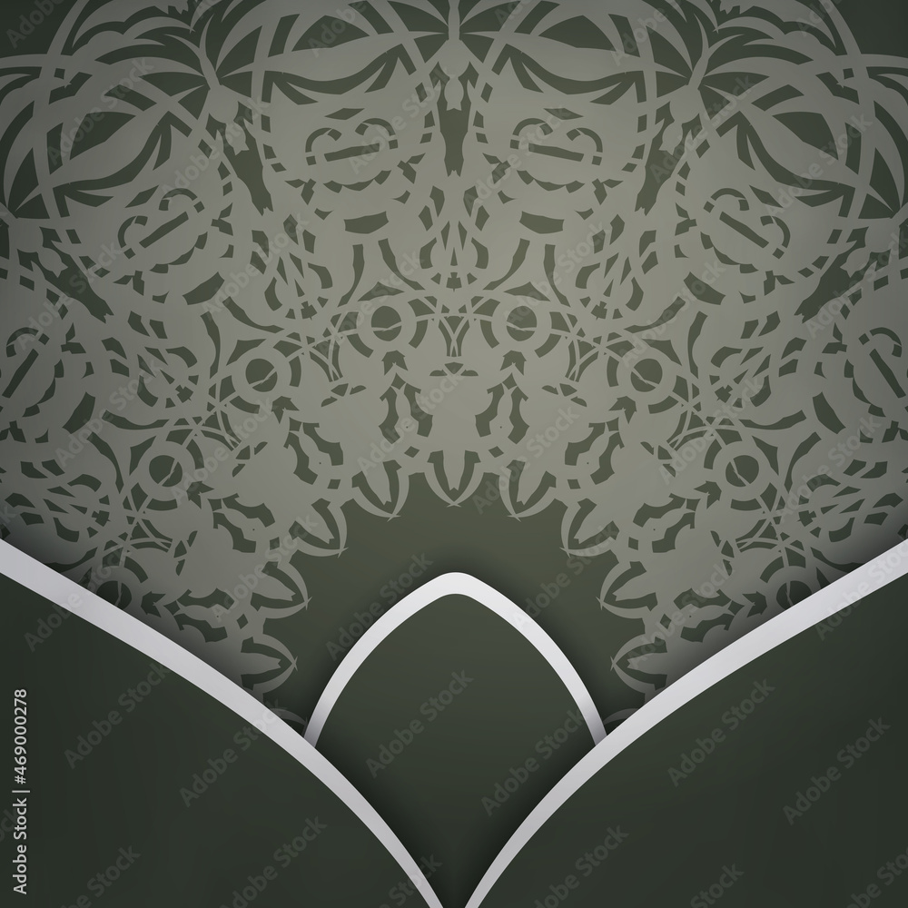 Greeting card in dark green color with abstract white ornament. Prepared for printing.