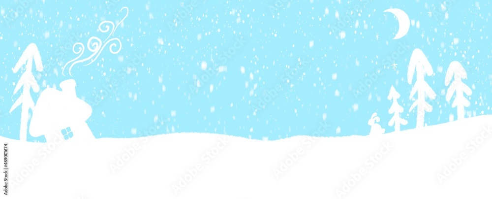 A simple raster illustration. Christmas trees, a house, snow on a blue background. Winter banner.